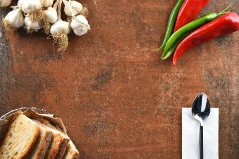 Different food and drink objects on stone and wood background Stock Photos