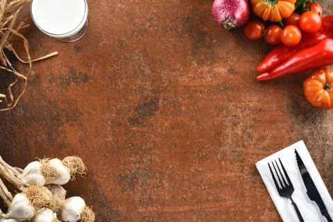 Different food and drink objects on stone and wood background Stock Photos