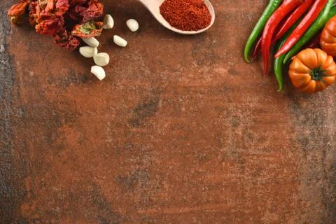 Different food and drink objects on stone and wood background Stock-Fotos