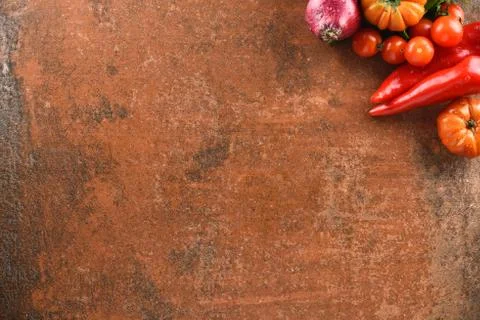 Different food and drink objects on stone and wood background Stock Photos