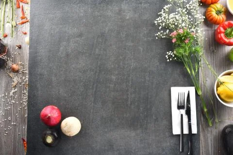 Different food and drink objects on stone and wood background Stock Photos