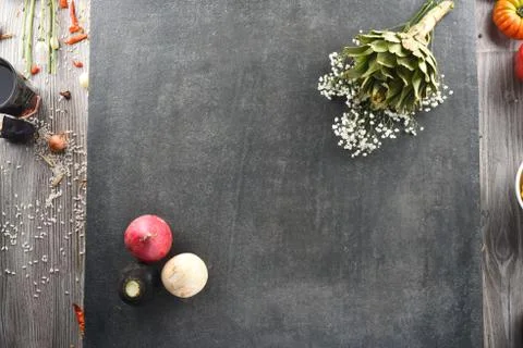 Different food and drink objects on stone and wood background Stock Photos