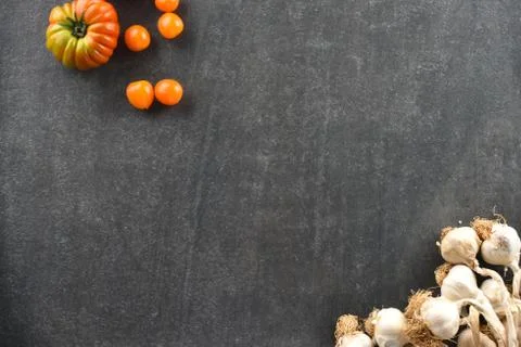 Different food and drink objects on stone and wood background Stock Photos