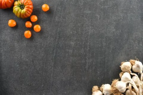 Different food and drink objects on stone and wood background Stock Photos