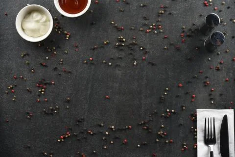 Different food and drink objects on stone and wood background Stock Photos