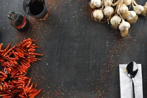 Different food and drink objects on stone and wood background Stock Photos