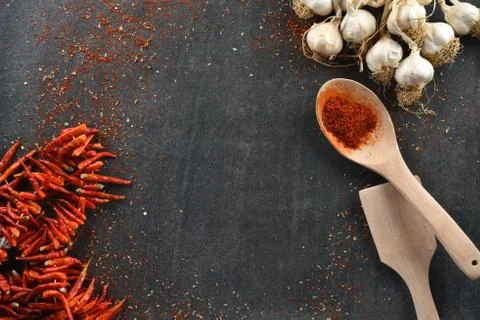 Different food and drink objects on stone and wood background Stock Photos