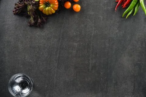 Different food and drink objects on stone and wood background Stock Photos