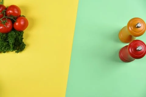 Different food and drink objects on stone and wood background Stock Photos