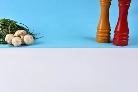 Different food and drink objects on stone and wood background Stock Photos