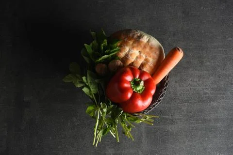 Different food and drink objects on stone and wood background Stock Photos