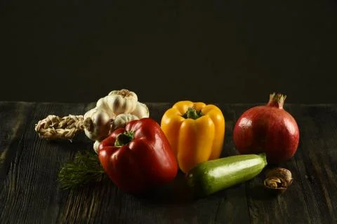 Different food and drink objects on stone and wood background Stock Photos