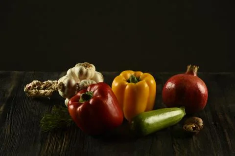 Different food and drink objects on stone and wood background Stock Photos
