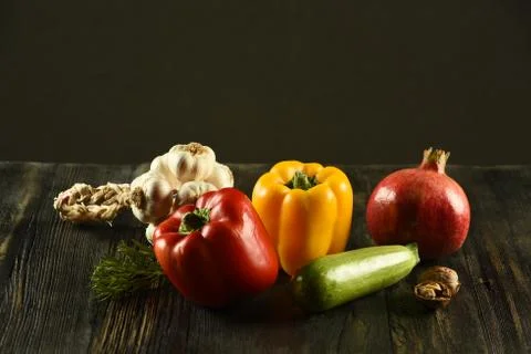 Different food and drink objects on stone and wood background Stock Photos