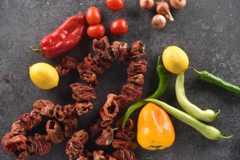 Different food and drink objects on stone and wood background Stock Photos