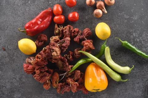 Different food and drink objects on stone and wood background Stock Photos