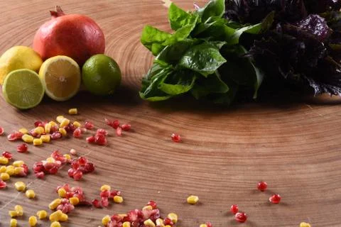 Different food and drink objects on stone and wood background Stock Photos