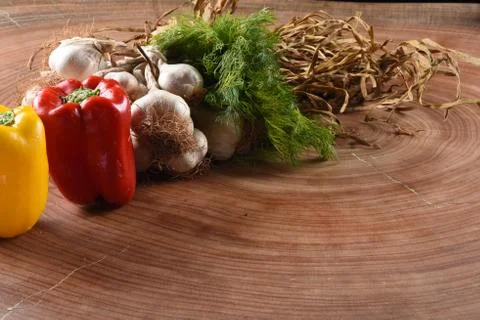 Different food and drink objects on stone and wood background Stock Photos