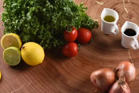 Different food and drink objects on stone and wood background Stock Photos