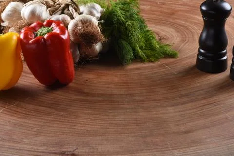 Different food and drink objects on stone and wood background Stock Photos