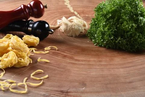 Different food and drink objects on stone and wood background Foto stock