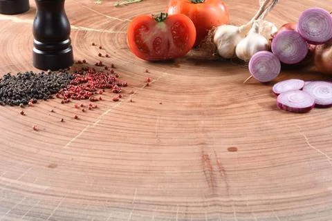 Different food and drink objects on stone and wood background Stock Photos