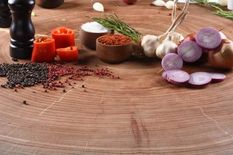 Different food and drink objects on stone and wood background Stock Photos