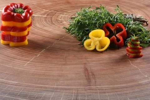 Different food and drink objects on stone and wood background Foto stock