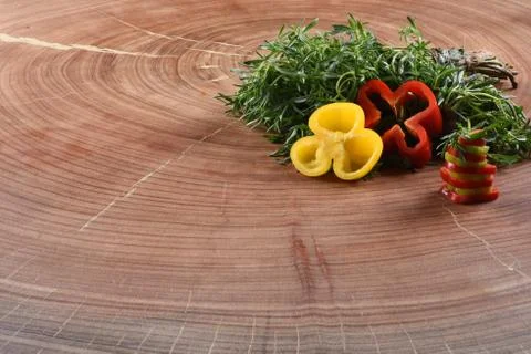 Different food and drink objects on stone and wood background Foto stock