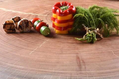 Different food and drink objects on stone and wood background Foto stock