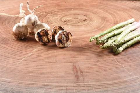 Different food and drink objects on stone and wood background Stock Photos