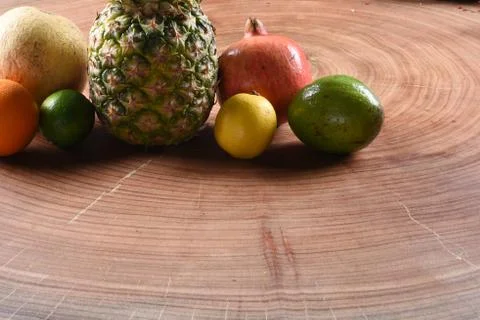Different food and drink objects on stone and wood background Stock Photos