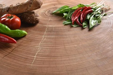 Different food and drink objects on stone and wood background Stock Photos