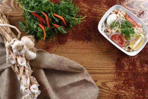 Different food and drink objects on stone and wood background Stock Photos