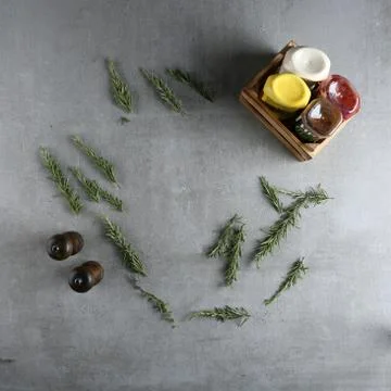 Different food and drink objects on stone and wood background Stock-Fotos