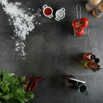 Different food and drink objects on stone and wood background Stock Photos