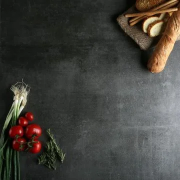 Different food and drink objects on stone and wood background Stock Photos