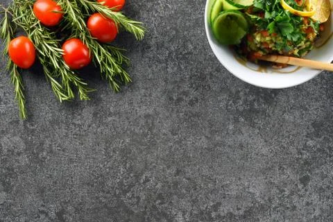 Different food and drink objects on stone and wood background Stock Photos