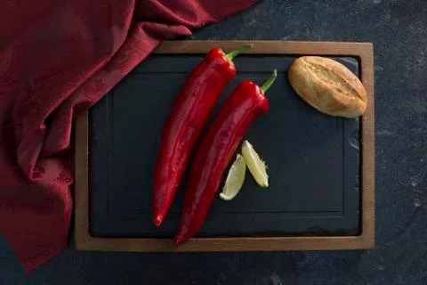 Different food and drink objects on stone and wood background Stock Photos