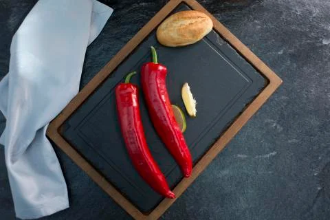 Different food and drink objects on stone and wood background Stock Photos