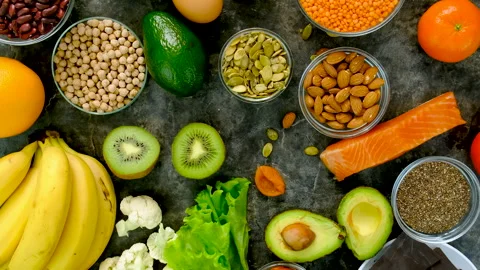 Different foods containing potassium. Selective focus. Stock Footage 303596071