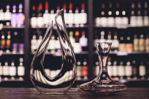 Different forms of decanters for aeration wine in restaurant Stock Photos