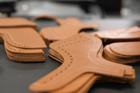 Different forms of leather pieces which will be use for making a shoes on a Stock Photos
