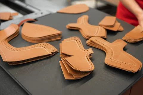Different forms of leather pieces which will be use for making a shoes on a Stock Photos
