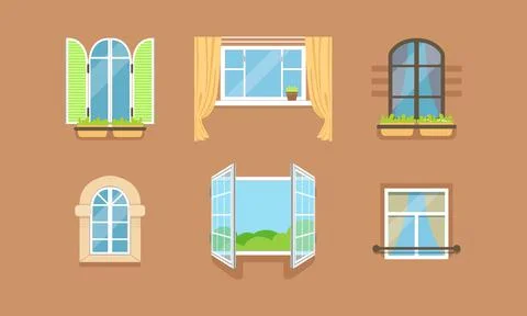 Different Framed Windows on Wall as Building Exterior Element Vector Set Stock Illustration
