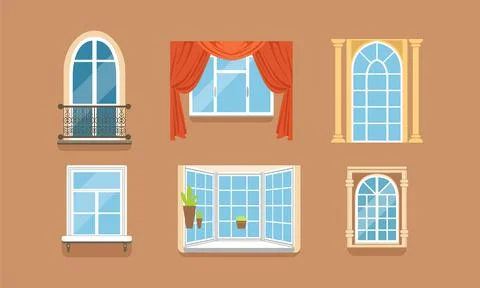 Different Framed Windows on Wall as Building Exterior Element Vector Set Stock Illustration