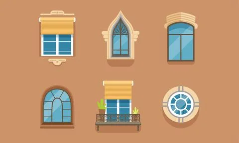 Different Framed Windows on Wall as Building Exterior Element Vector Set Stock Illustration