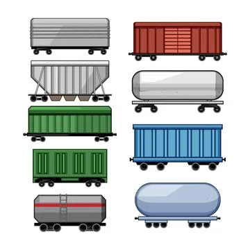 Different freight train wagons transporting various cargo types Stock Illustration