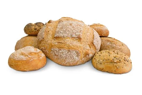 Different fresh bread isolated on white background. Clipping path Stock Photos