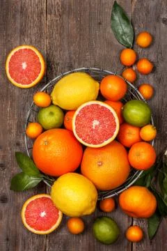 Different fresh citrus fruit (Top view ) Stock Photos